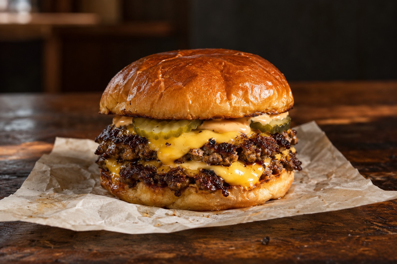 A classic double cheeseburger on parchment in warm light