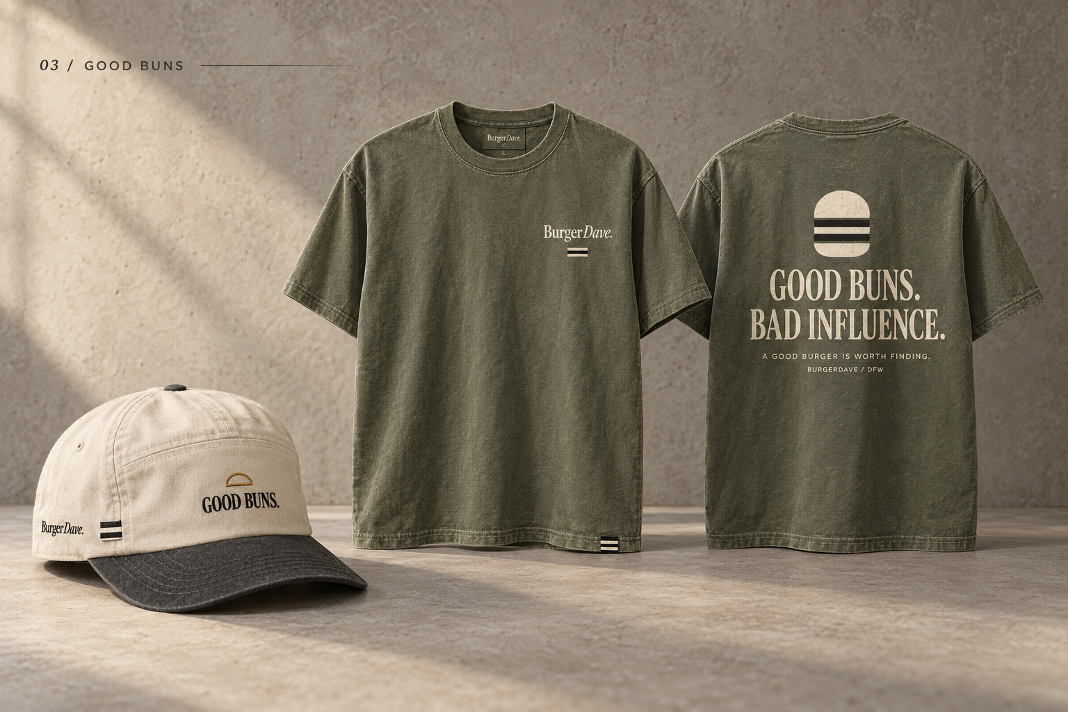 Good Buns Bad Influence concept: olive tee front and back with cream lettering, and a cream cap with charcoal brim.