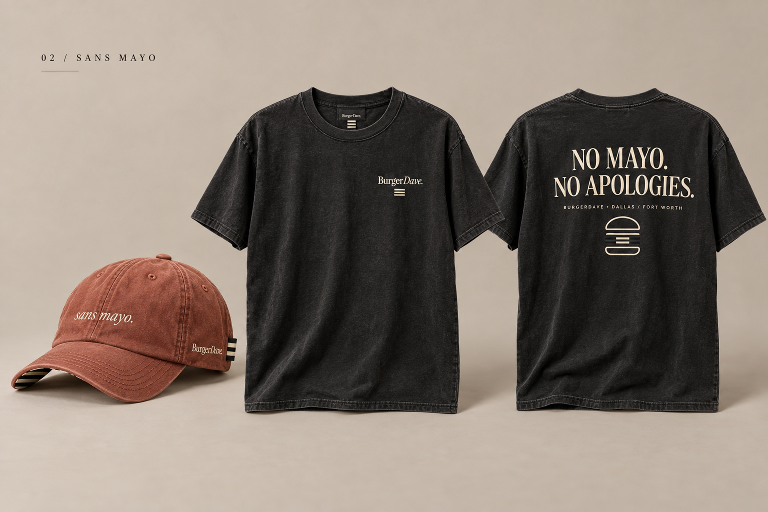 No Mayo No Apologies concept: black tee front and back with cream lettering and a terracotta sans mayo cap.