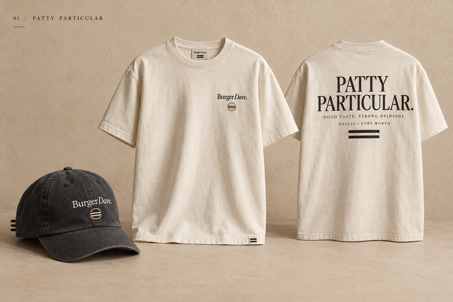Patty Particular concept: ecru tee front and back with black serif lettering, alongside a charcoal BurgerDave cap.
