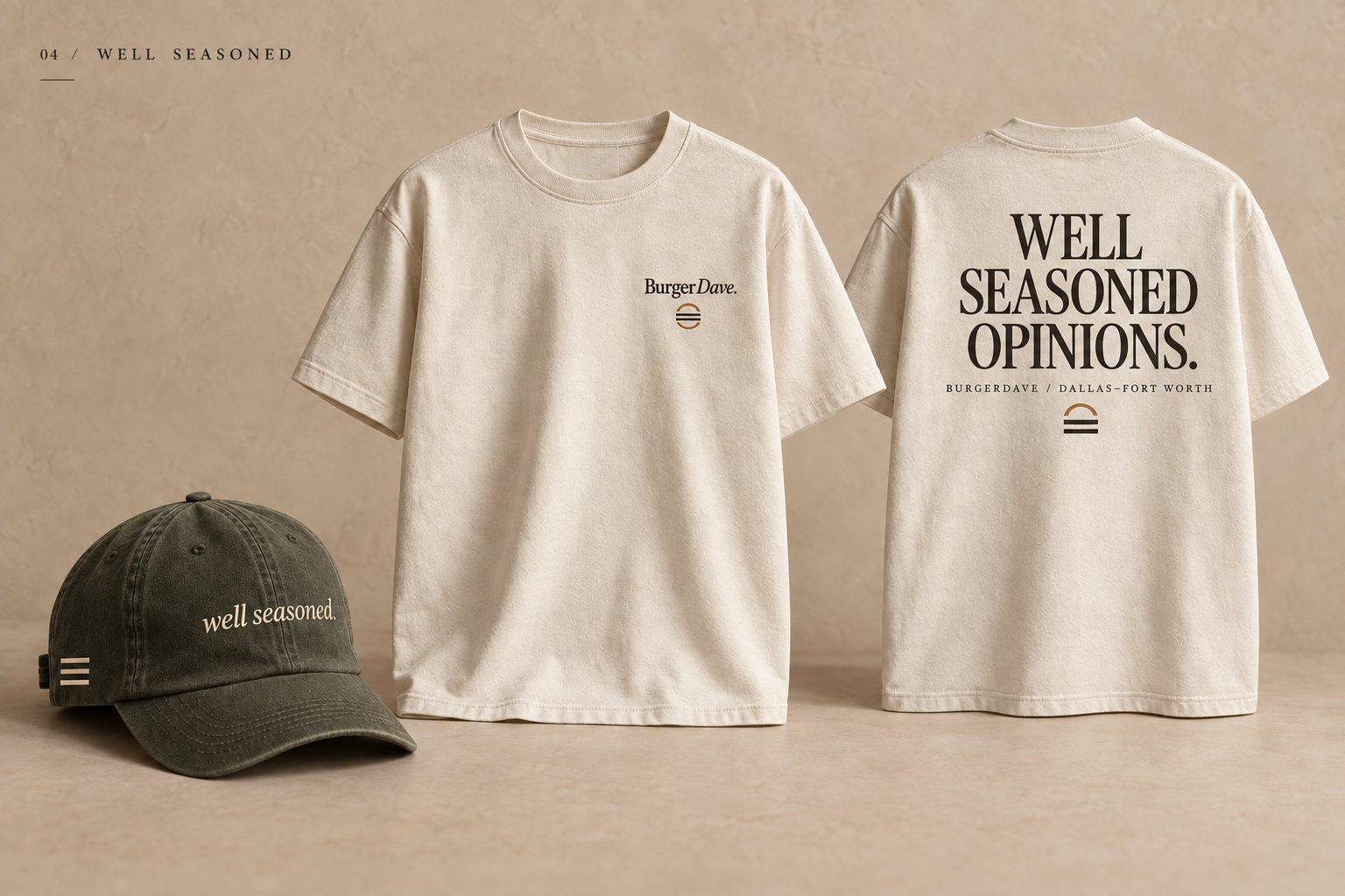 Well Seasoned Opinions concept: warm stone tee front and back with serif lettering, alongside an olive cap.